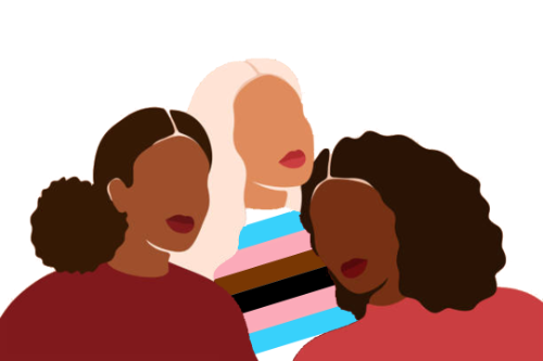 Illustration of three women together, one of the women is wearing a shirt with the colors of the transgender flag